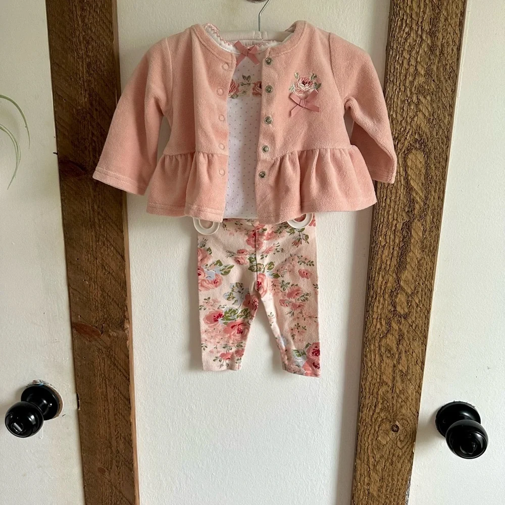 Laura Ashley Floral 3 Pc Matching Outfit Set 0-3M Infant Baby Girl